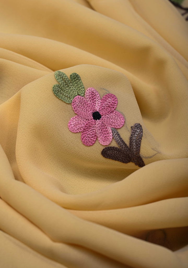 Butter Yellow Kashmiri Aari Georgette Saree with Floral Embroidery