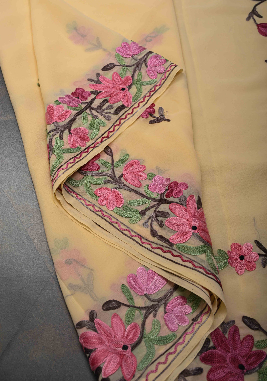 Butter Yellow Kashmiri Aari Georgette Saree with Floral Embroidery