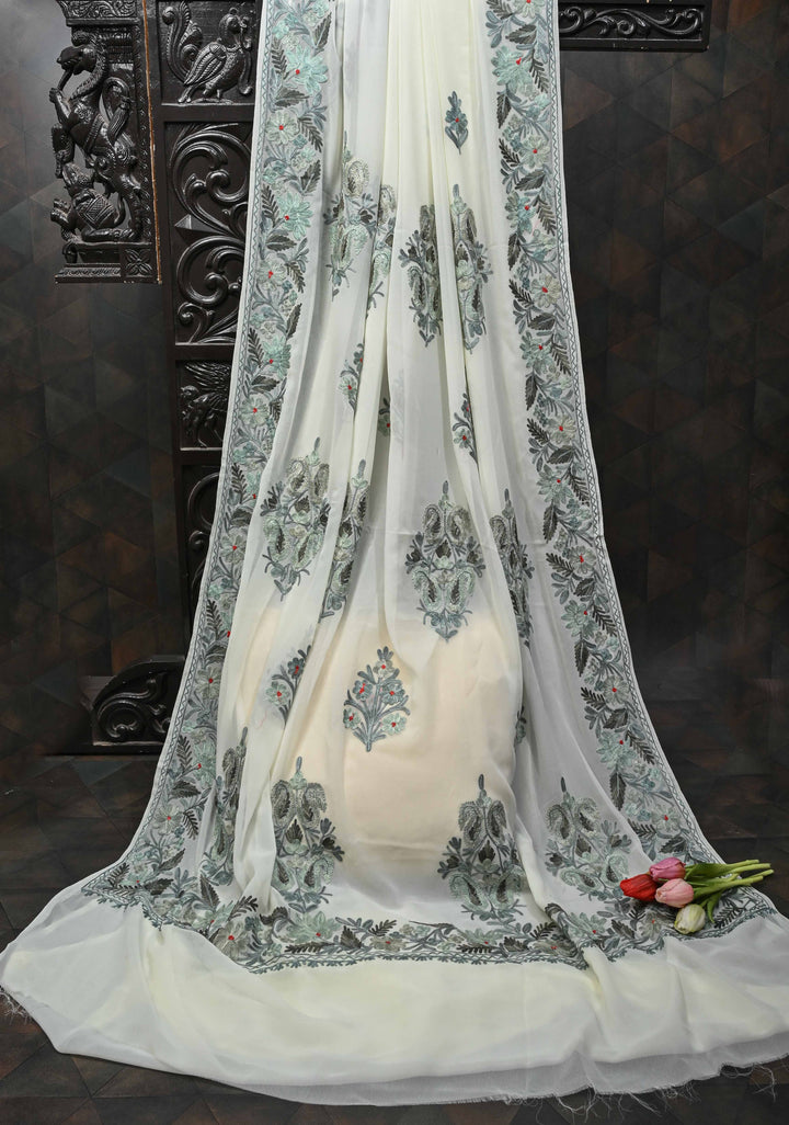 Creamy Green Kashmiri Aari Georgette Saree with Floral Embroidery