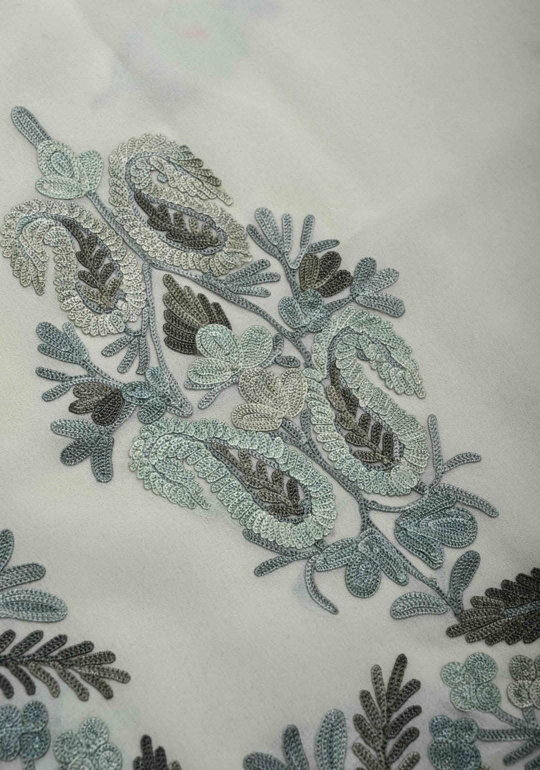 Creamy Green Kashmiri Aari Georgette Saree with Floral Embroidery