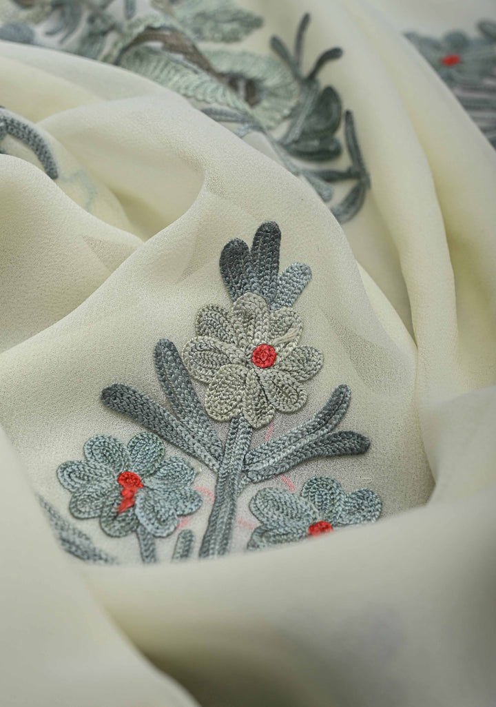 Creamy Green Kashmiri Aari Georgette Saree with Floral Embroidery