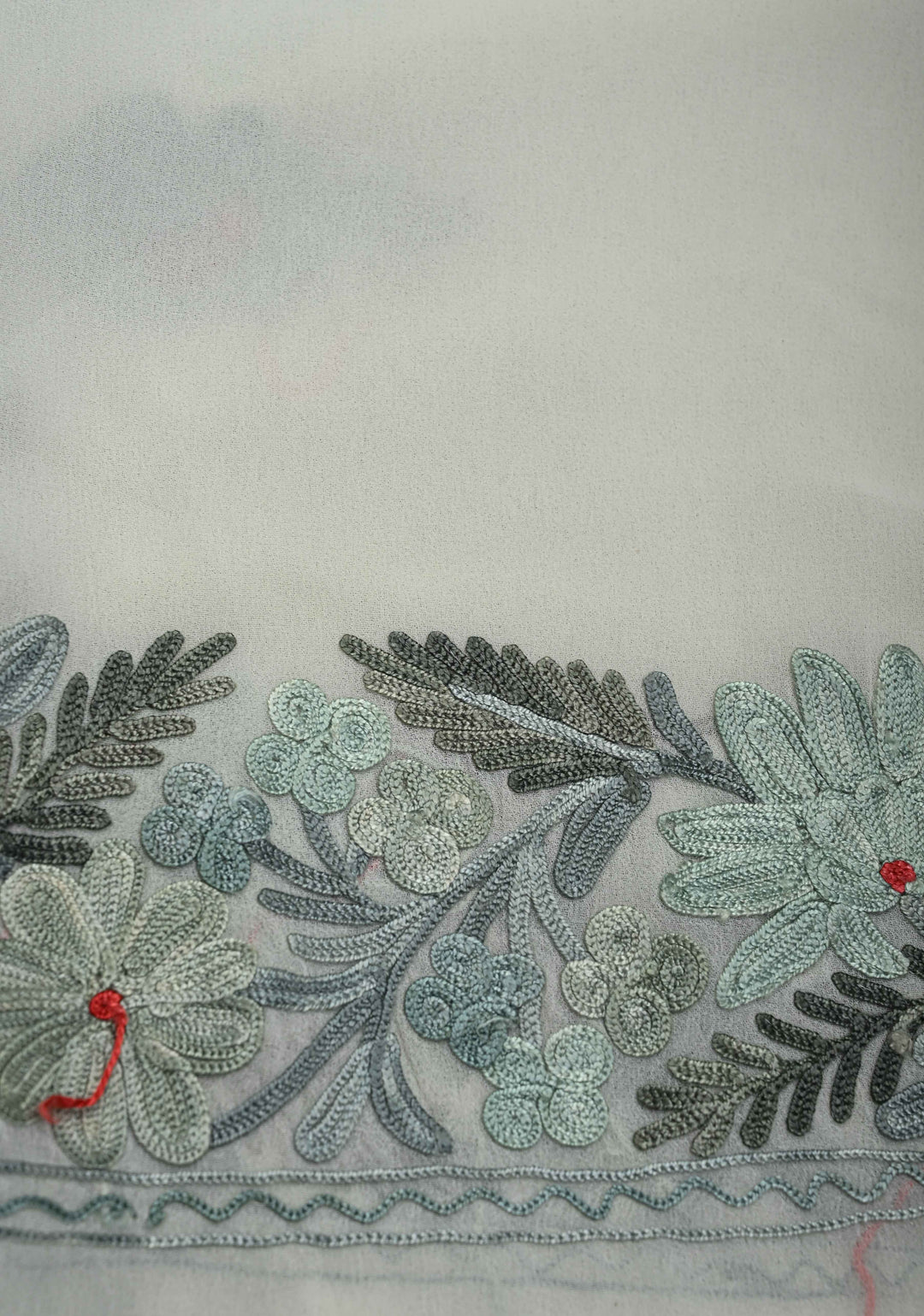 Creamy Green Kashmiri Aari Georgette Saree with Floral Embroidery