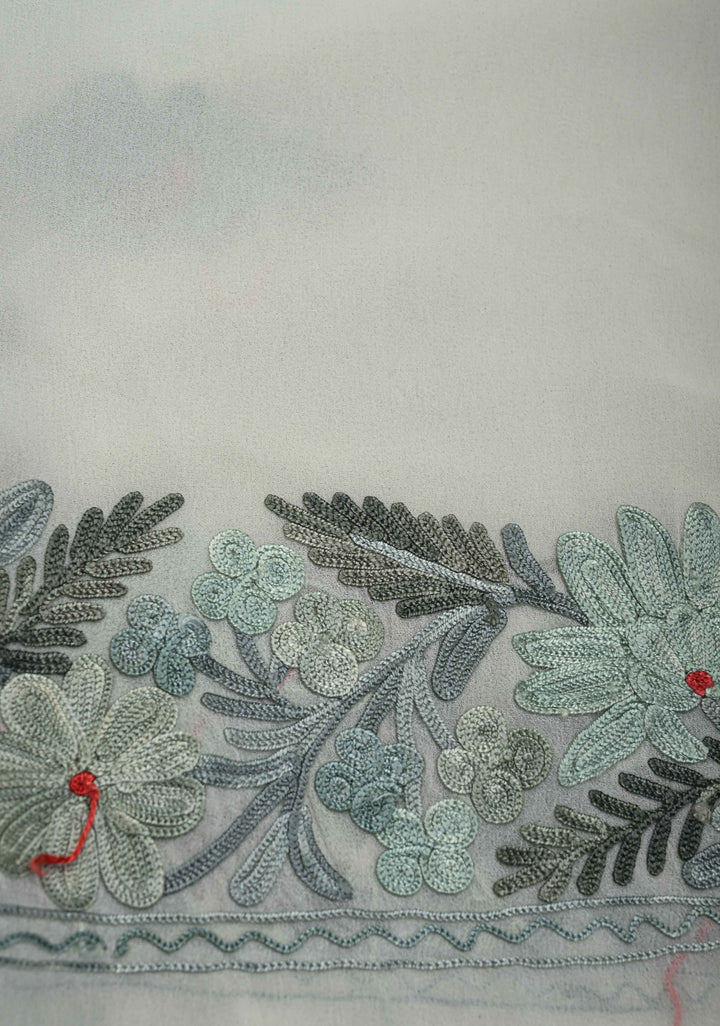 Creamy Green Kashmiri Aari Georgette Saree with Floral Embroidery