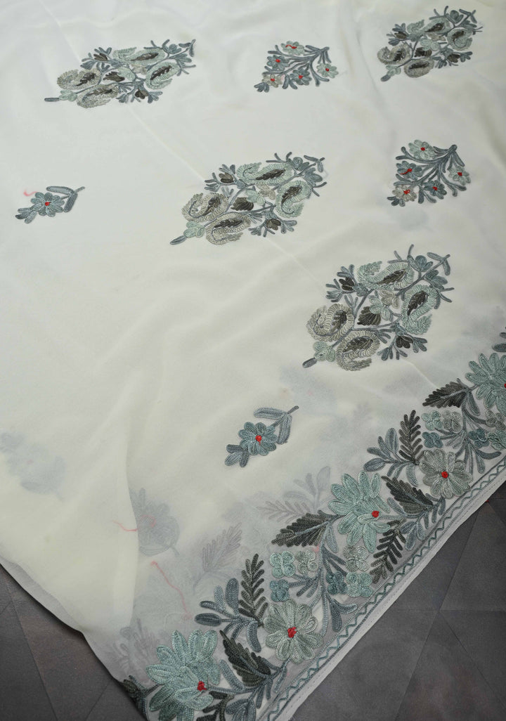 Creamy Green Kashmiri Aari Georgette Saree with Floral Embroidery
