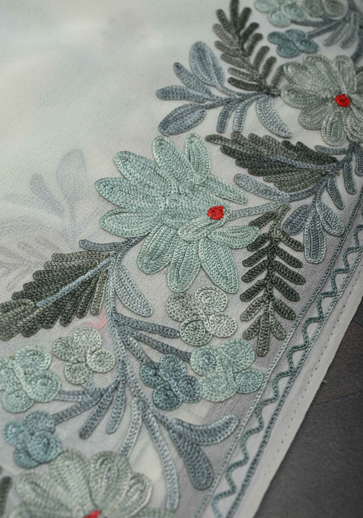 Creamy Green Kashmiri Aari Georgette Saree with Floral Embroidery