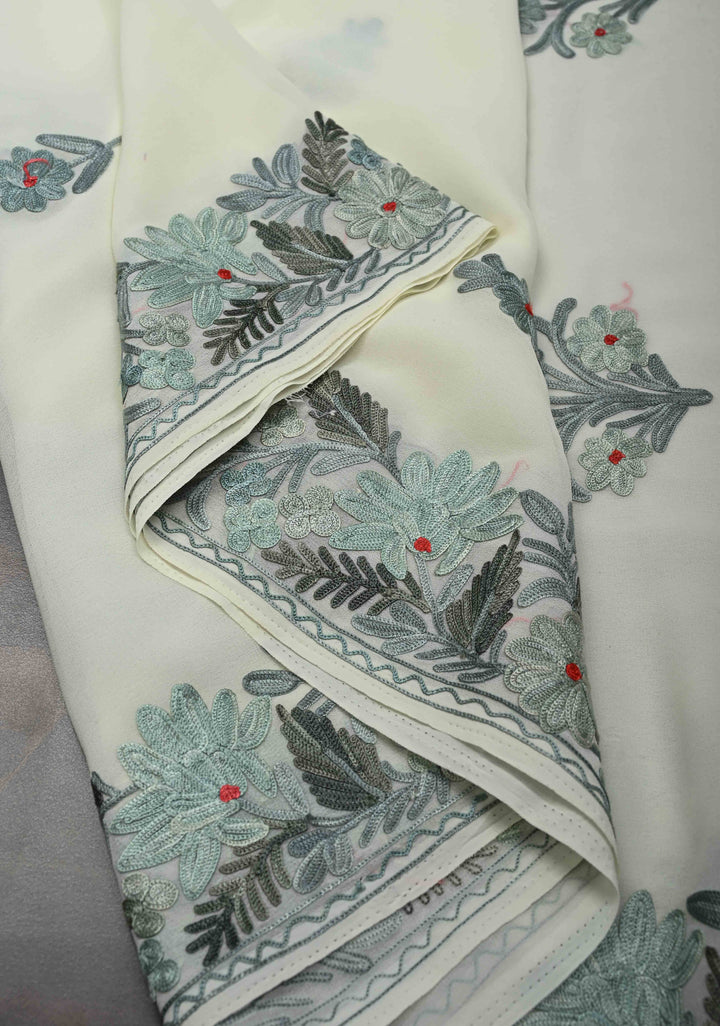 Creamy Green Kashmiri Aari Georgette Saree with Floral Embroidery