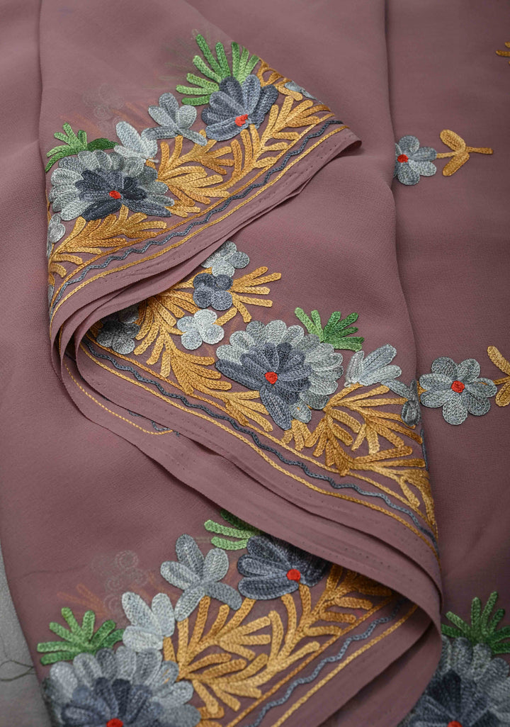 Rose Taupe Kashmiri Aari Georgette Saree with Floral Embroidery