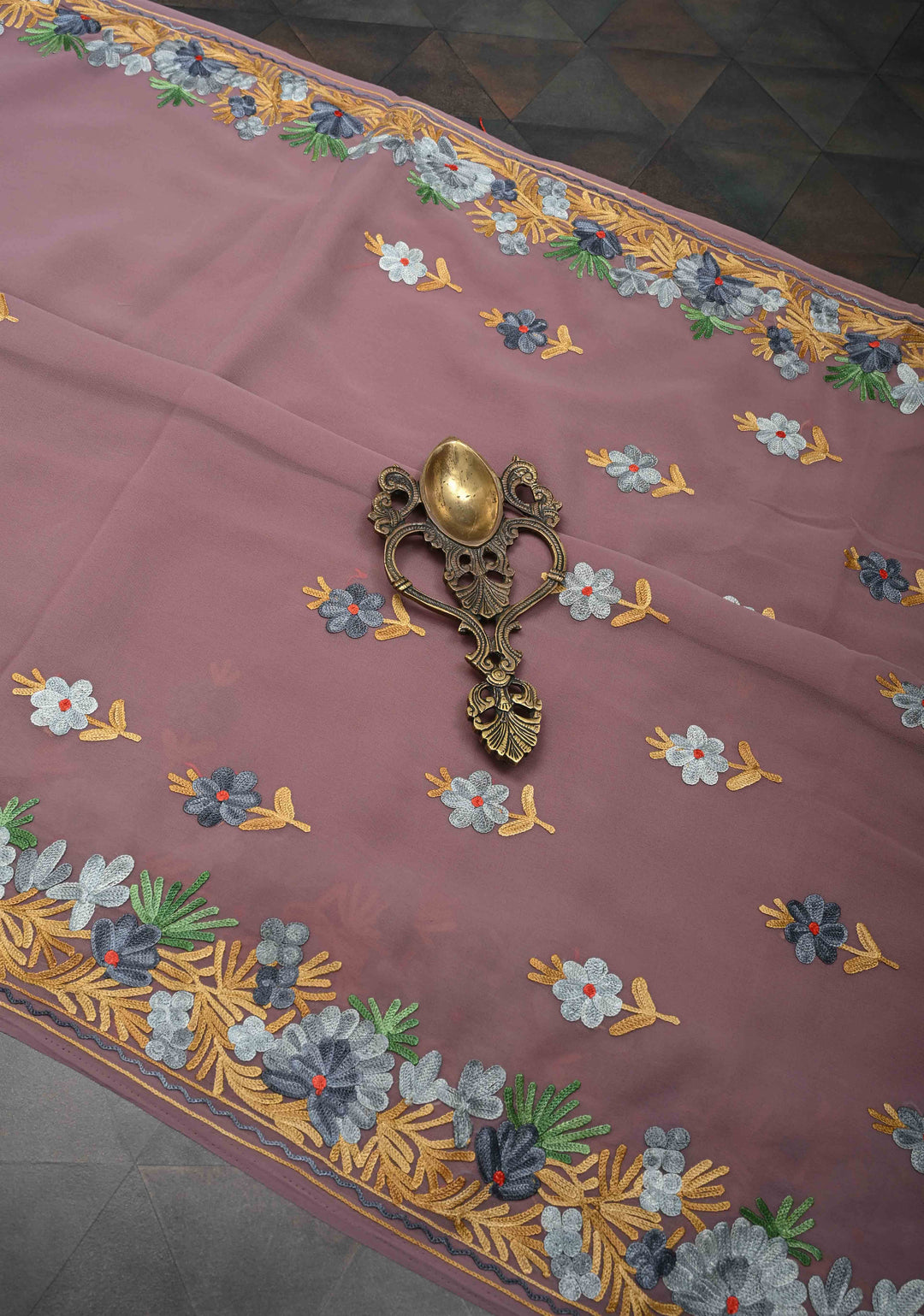Rose Taupe Kashmiri Aari Georgette Saree with Floral Embroidery