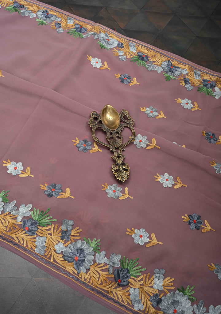 Rose Taupe Kashmiri Aari Georgette Saree with Floral Embroidery