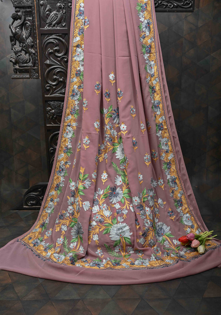 Rose Taupe Kashmiri Aari Georgette Saree with Floral Embroidery