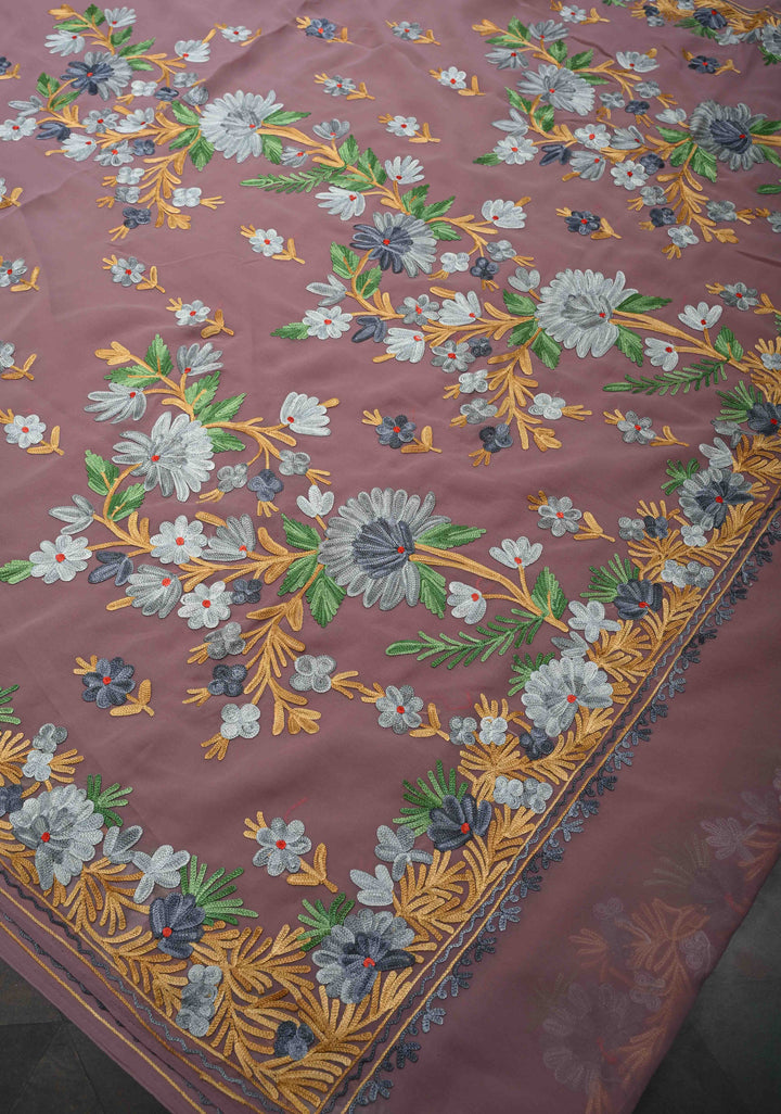 Rose Taupe Kashmiri Aari Georgette Saree with Floral Embroidery
