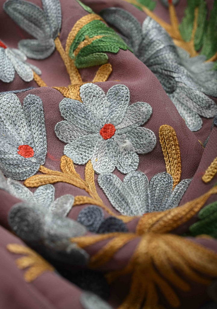 Rose Taupe Kashmiri Aari Georgette Saree with Floral Embroidery