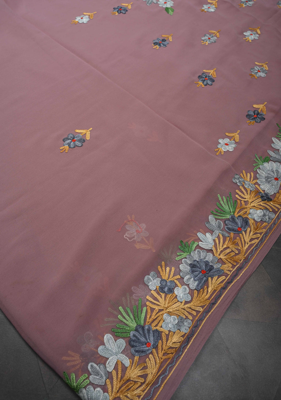 Rose Taupe Kashmiri Aari Georgette Saree with Floral Embroidery