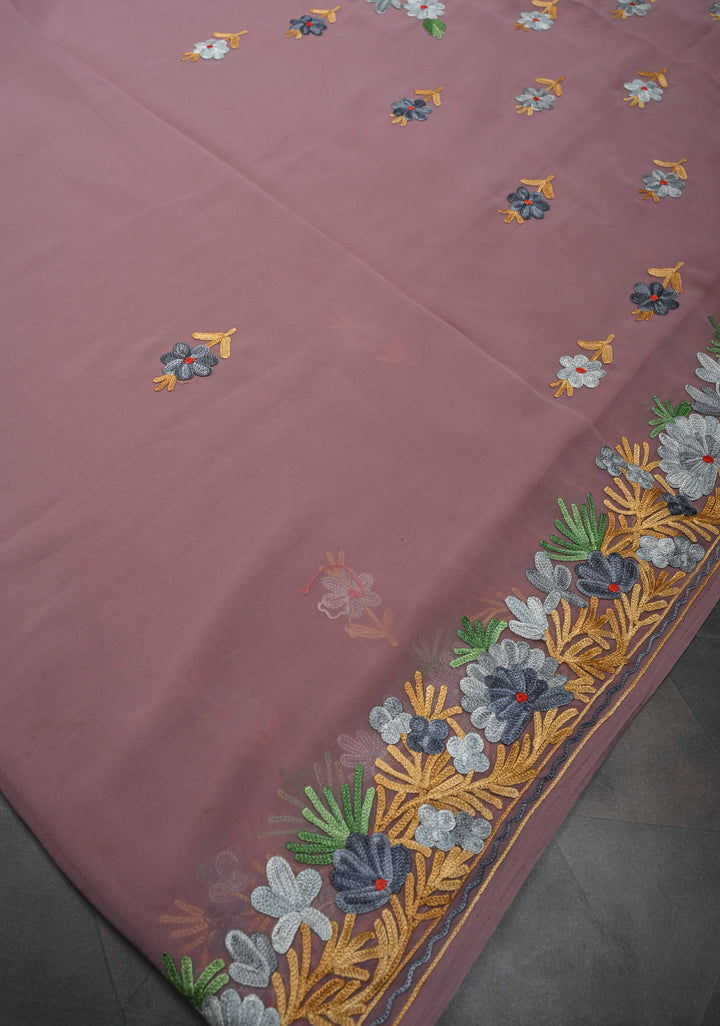 Rose Taupe Kashmiri Aari Georgette Saree with Floral Embroidery