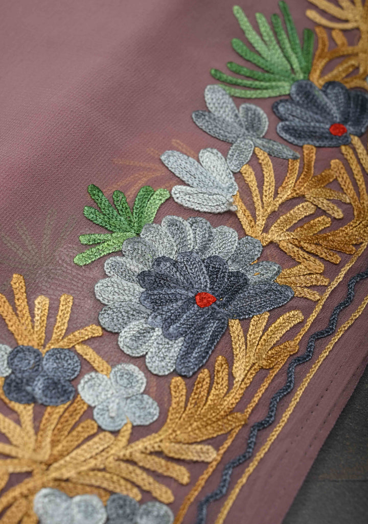 Rose Taupe Kashmiri Aari Georgette Saree with Floral Embroidery