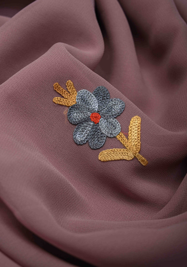 Rose Taupe Kashmiri Aari Georgette Saree with Floral Embroidery