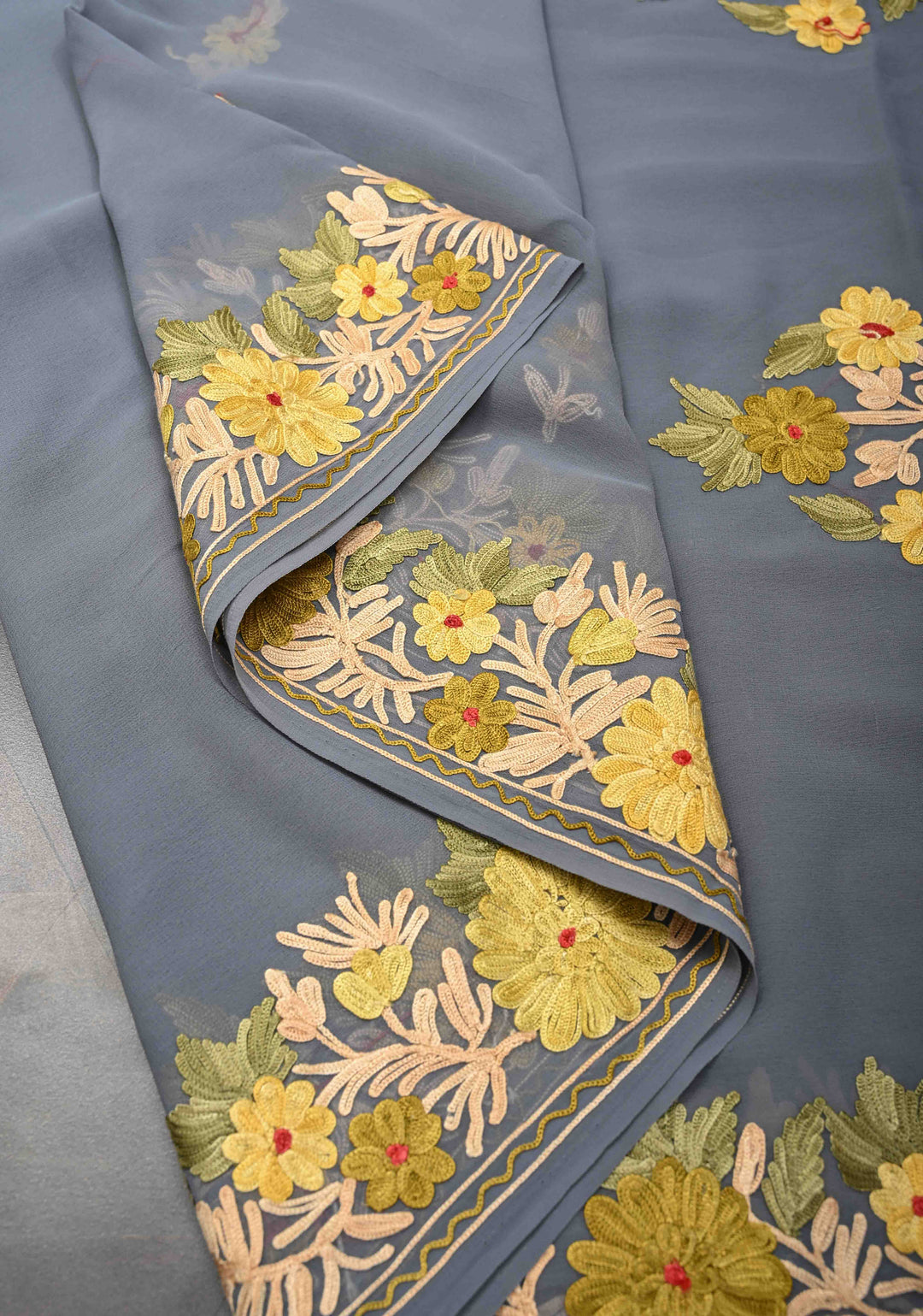 Gray Kashmiri Aari Georgette Saree with Floral Embroidery