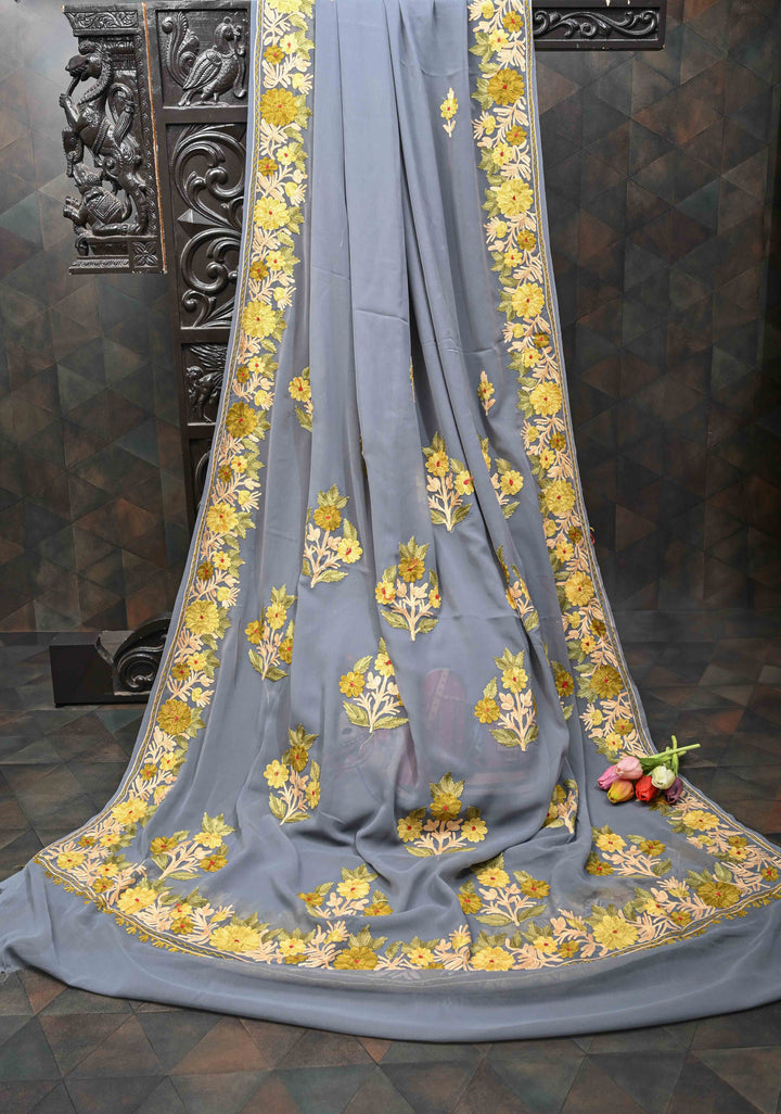 Gray Kashmiri Aari Georgette Saree with Floral Embroidery