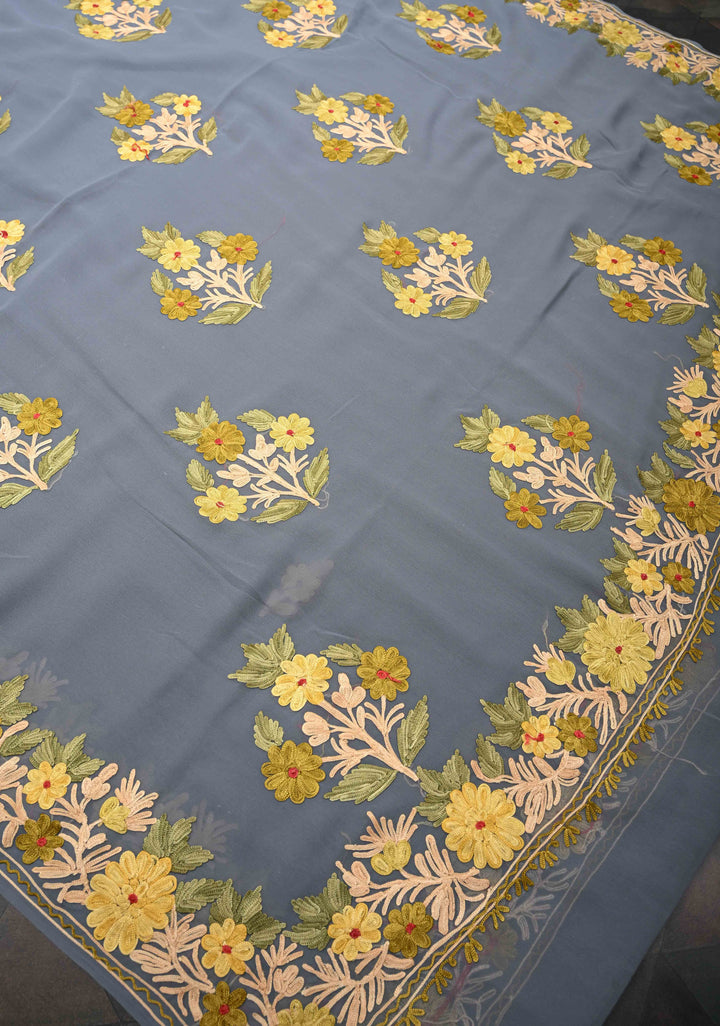 Gray Kashmiri Aari Georgette Saree with Floral Embroidery