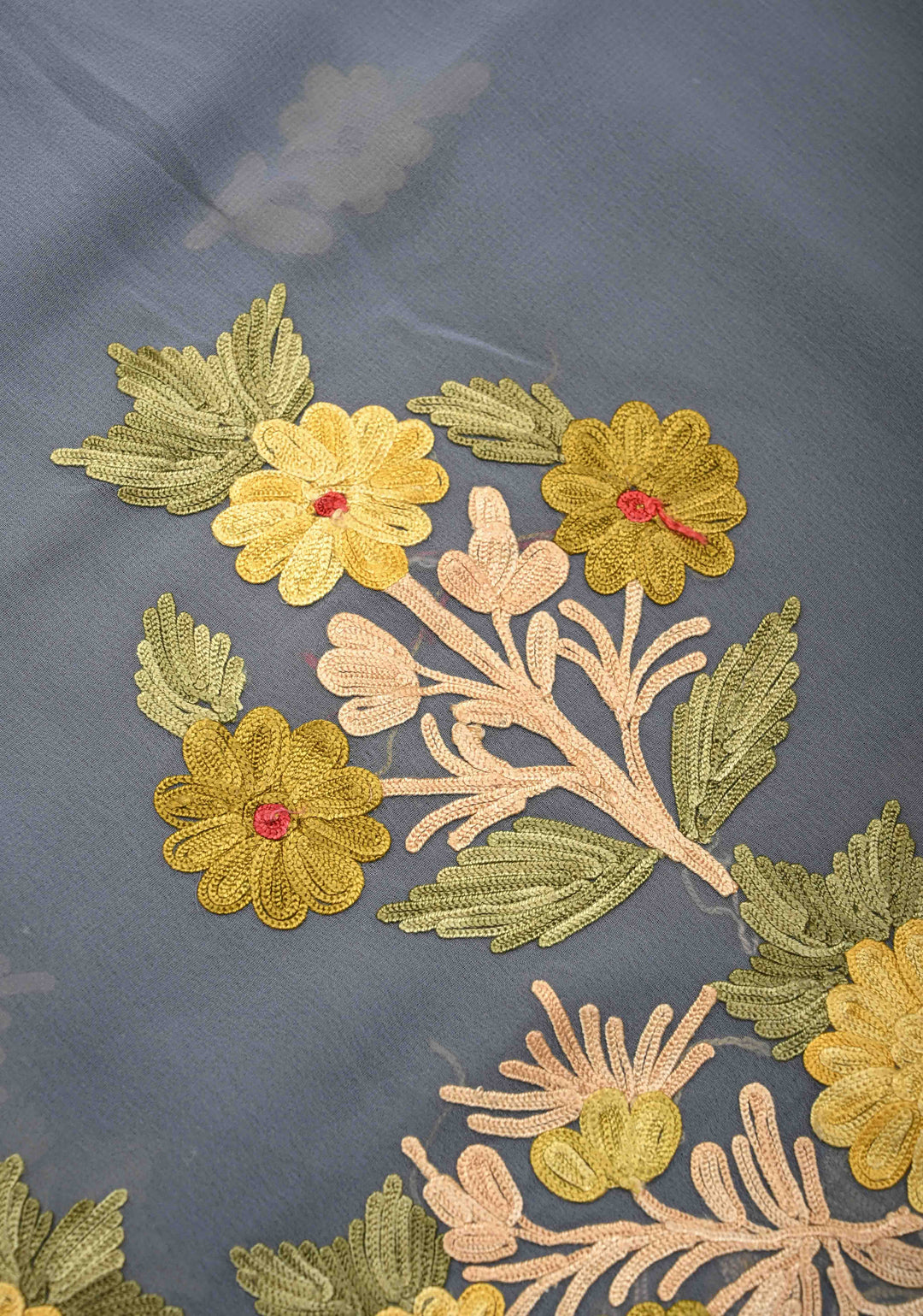 Gray Kashmiri Aari Georgette Saree with Floral Embroidery