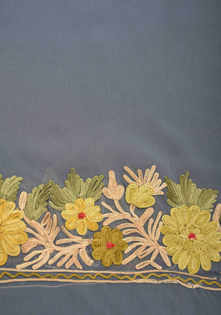 Gray Kashmiri Aari Georgette Saree with Floral Embroidery