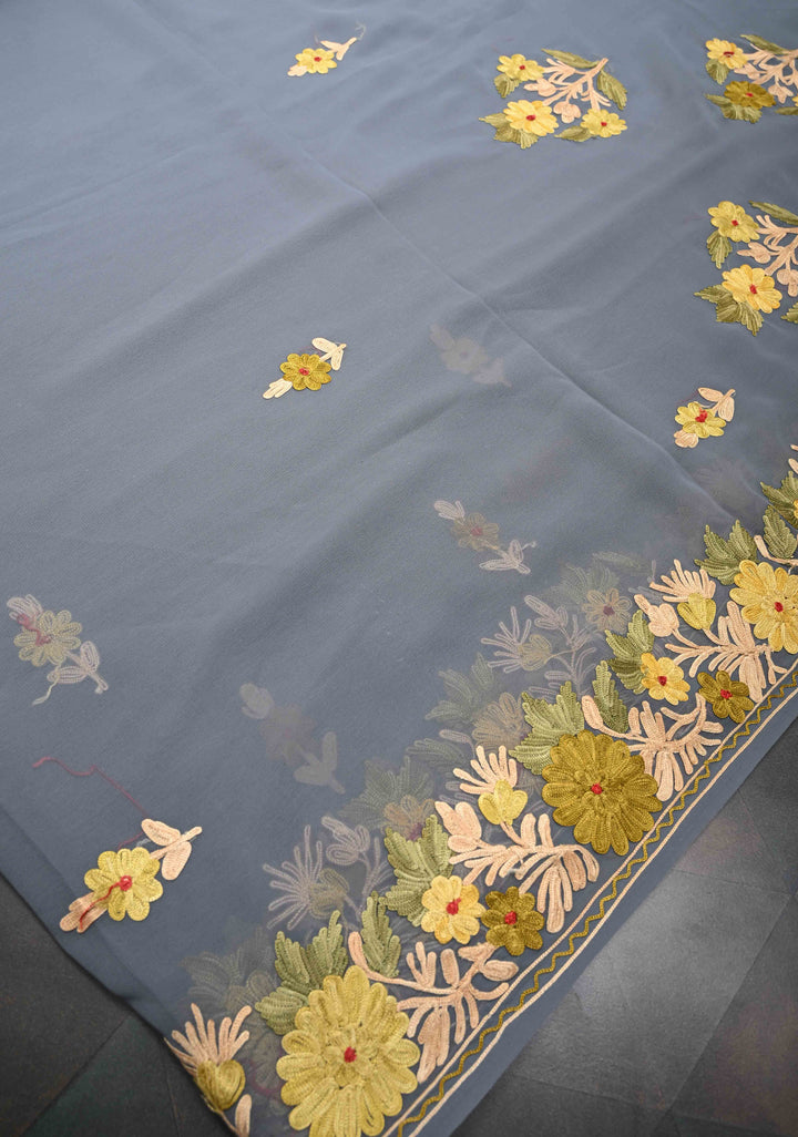 Gray Kashmiri Aari Georgette Saree with Floral Embroidery