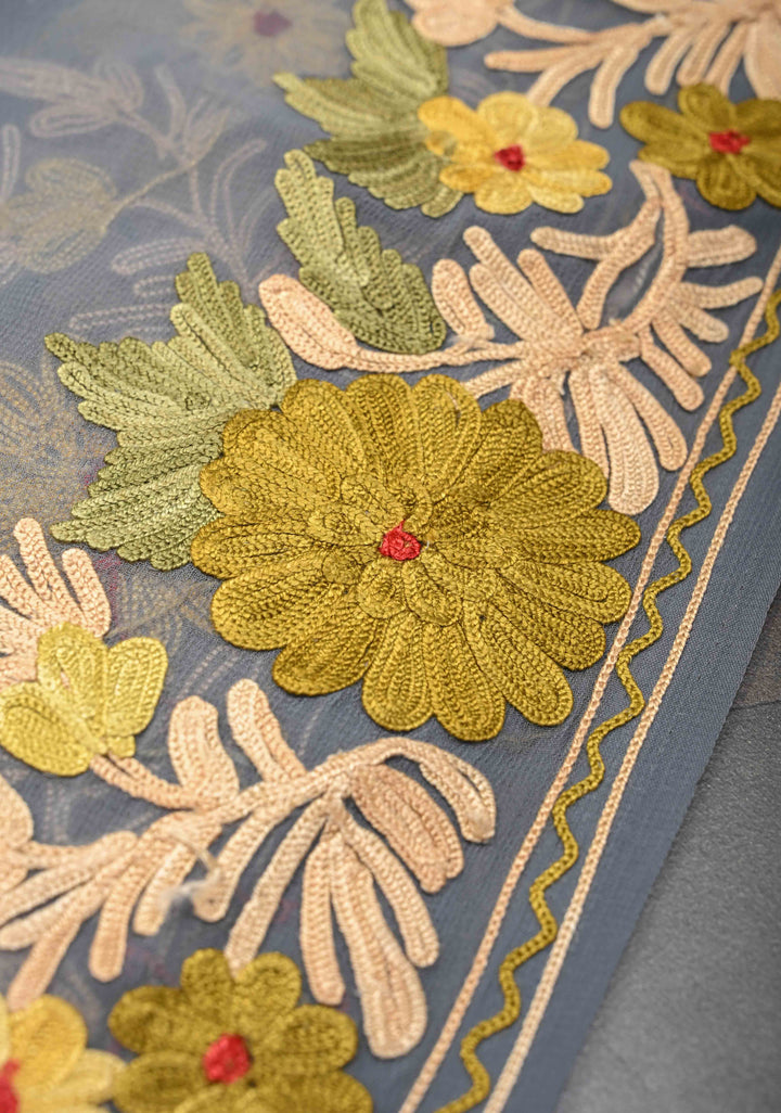 Gray Kashmiri Aari Georgette Saree with Floral Embroidery