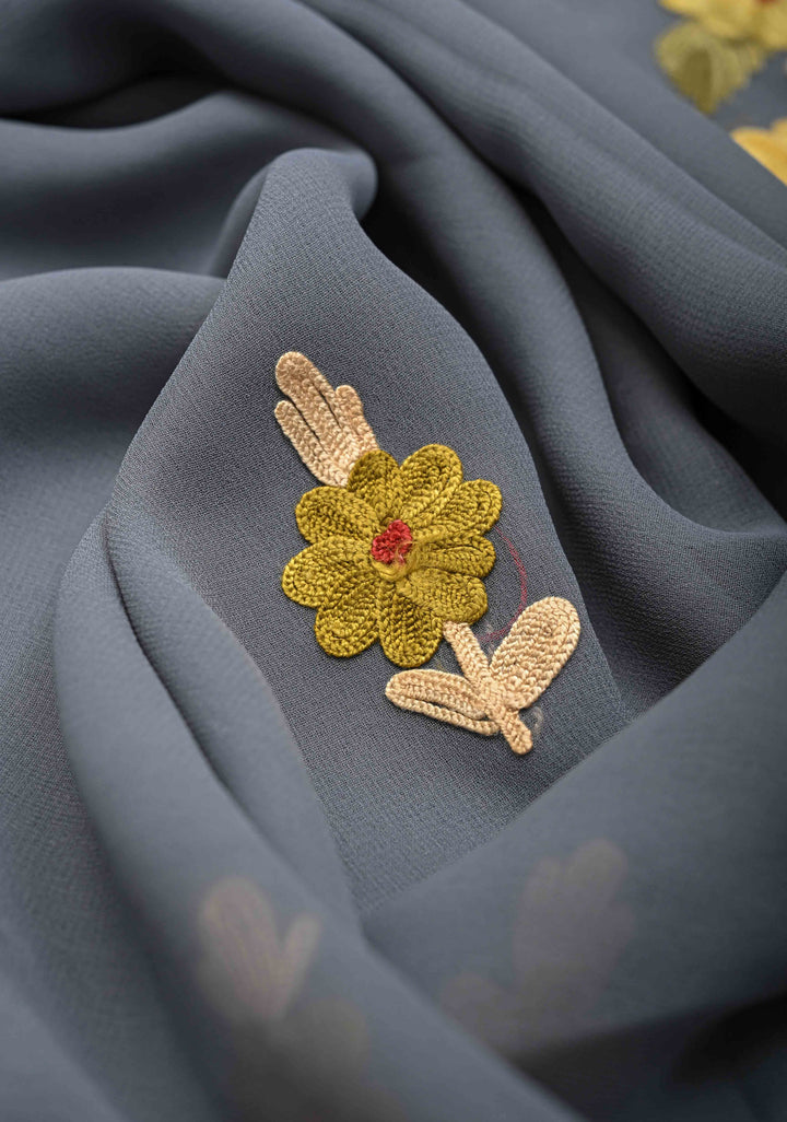 Gray Kashmiri Aari Georgette Saree with Floral Embroidery