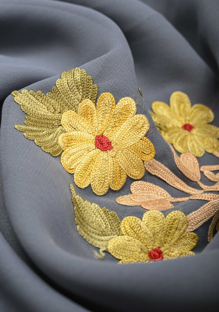 Gray Kashmiri Aari Georgette Saree with Floral Embroidery