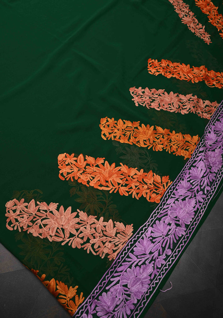 Bottle Green Kashmiri Aari Georgette Saree with Diagonal Pattern Floral Embroidery