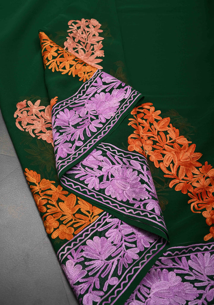 Bottle Green Kashmiri Aari Georgette Saree with Diagonal Pattern Floral Embroidery