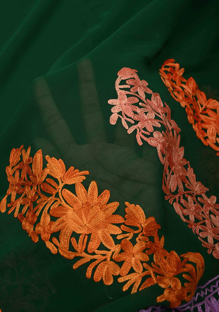 Bottle Green Kashmiri Aari Georgette Saree with Diagonal Pattern Floral Embroidery