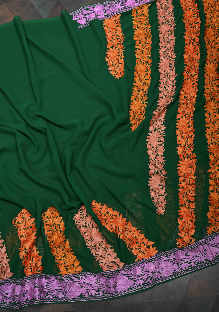 Bottle Green Kashmiri Aari Georgette Saree with Diagonal Pattern Floral Embroidery