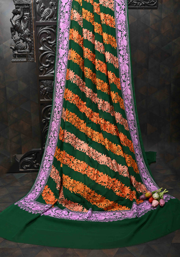 Bottle Green Kashmiri Aari Georgette Saree with Diagonal Pattern Floral Embroidery