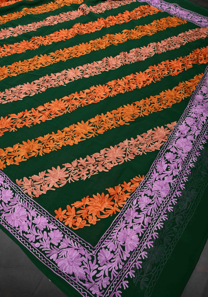 Bottle Green Kashmiri Aari Georgette Saree with Diagonal Pattern Floral Embroidery