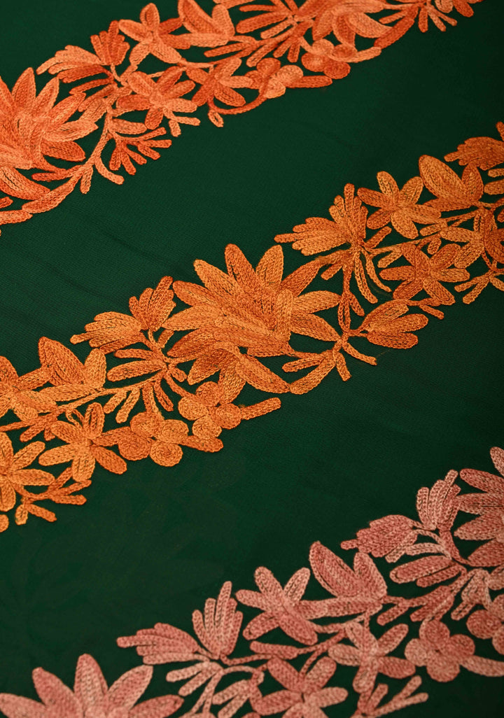Bottle Green Kashmiri Aari Georgette Saree with Diagonal Pattern Floral Embroidery