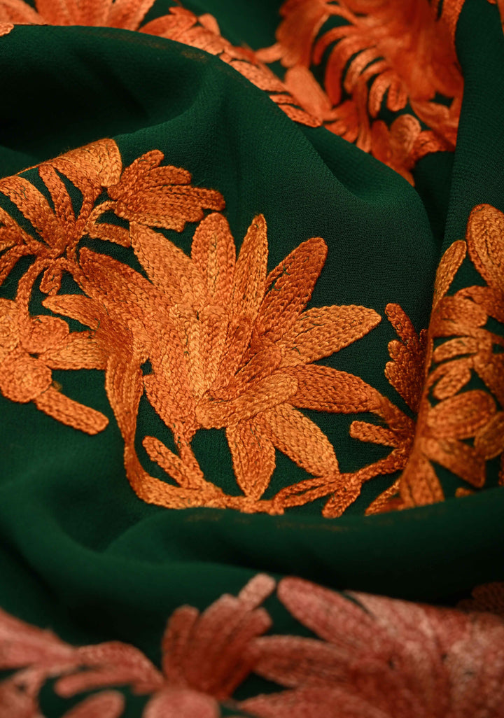 Bottle Green Kashmiri Aari Georgette Saree with Diagonal Pattern Floral Embroidery