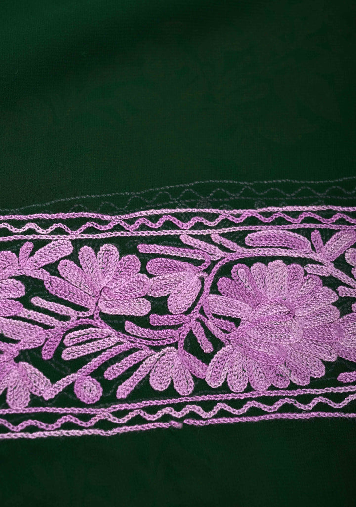 Bottle Green Kashmiri Aari Georgette Saree with Diagonal Pattern Floral Embroidery