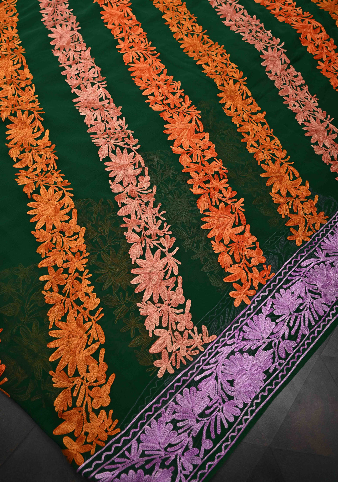 Bottle Green Kashmiri Aari Georgette Saree with Diagonal Pattern Floral Embroidery