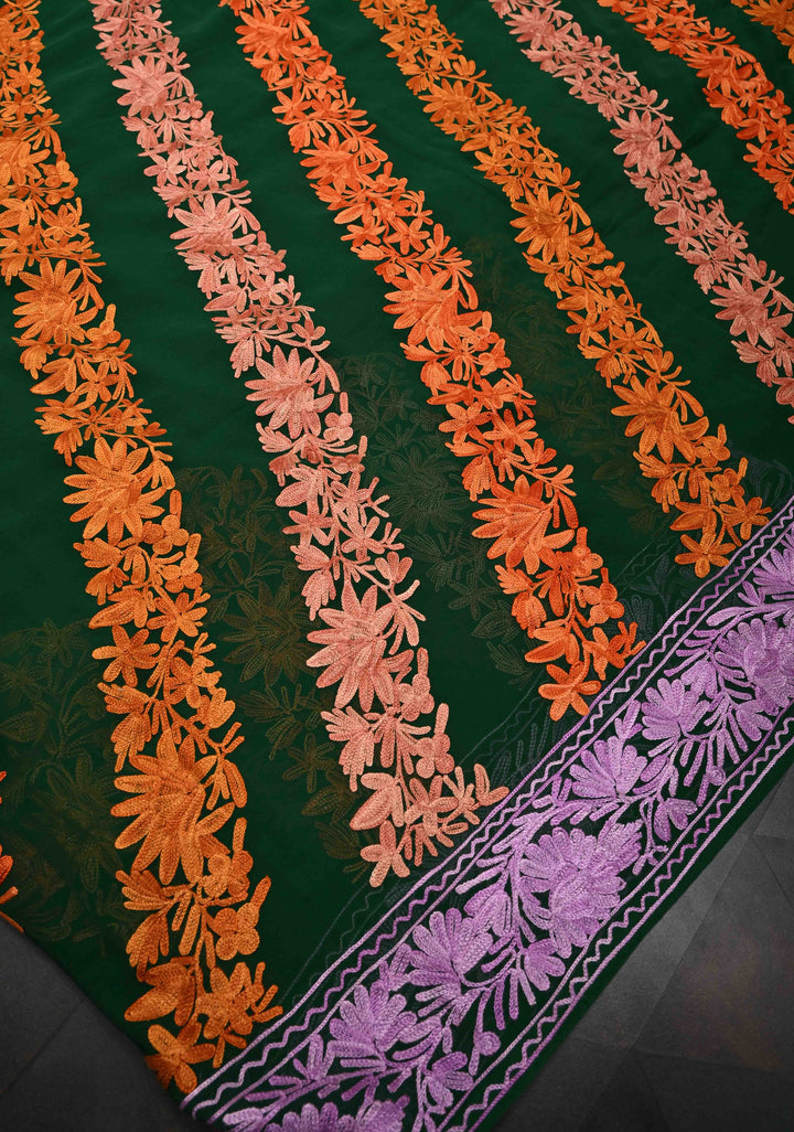 Bottle Green Kashmiri Aari Georgette Saree with Diagonal Pattern Floral Embroidery