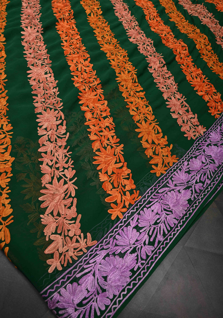 Bottle Green Kashmiri Aari Georgette Saree with Diagonal Pattern Floral Embroidery