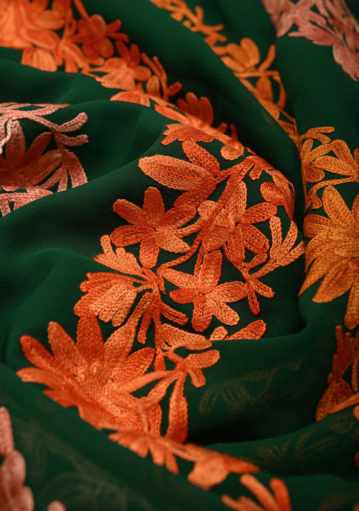 Bottle Green Kashmiri Aari Georgette Saree with Diagonal Pattern Floral Embroidery