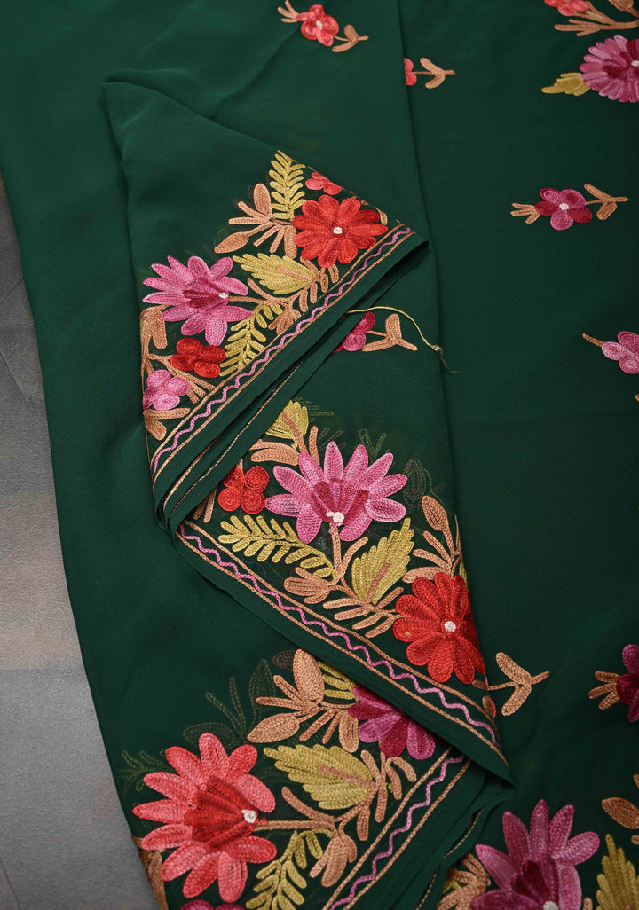 Bottle Green Kashmiri Aari Georgette Saree with Floral Embroidery