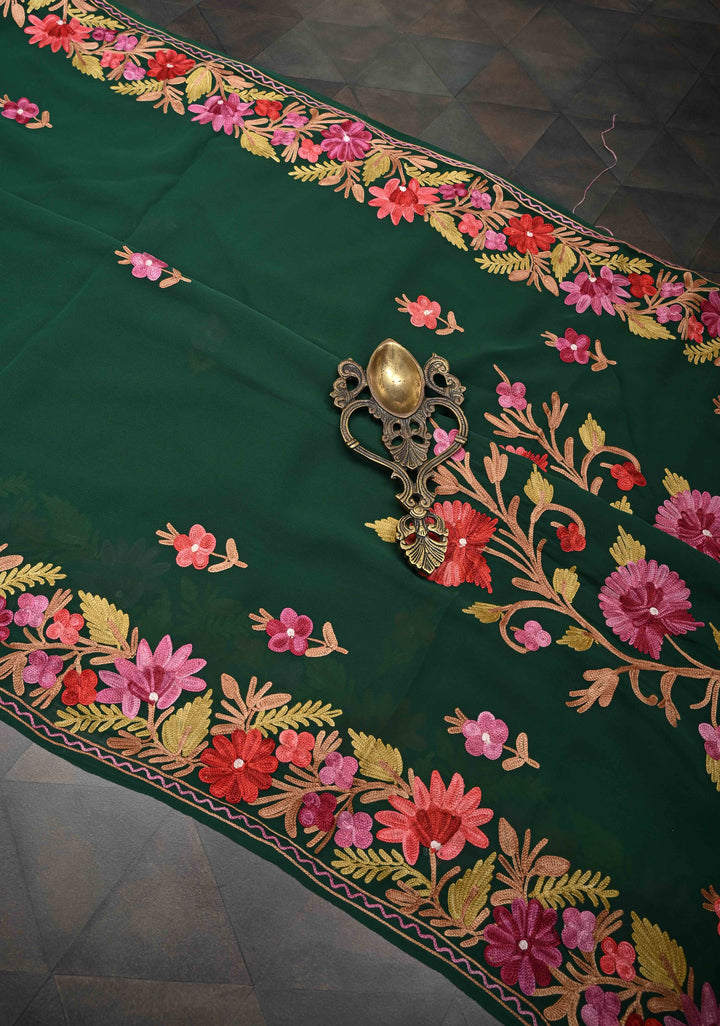 Bottle Green Kashmiri Aari Georgette Saree with Floral Embroidery