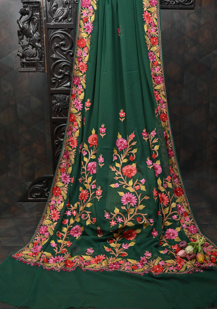 Bottle Green Kashmiri Aari Georgette Saree with Floral Embroidery