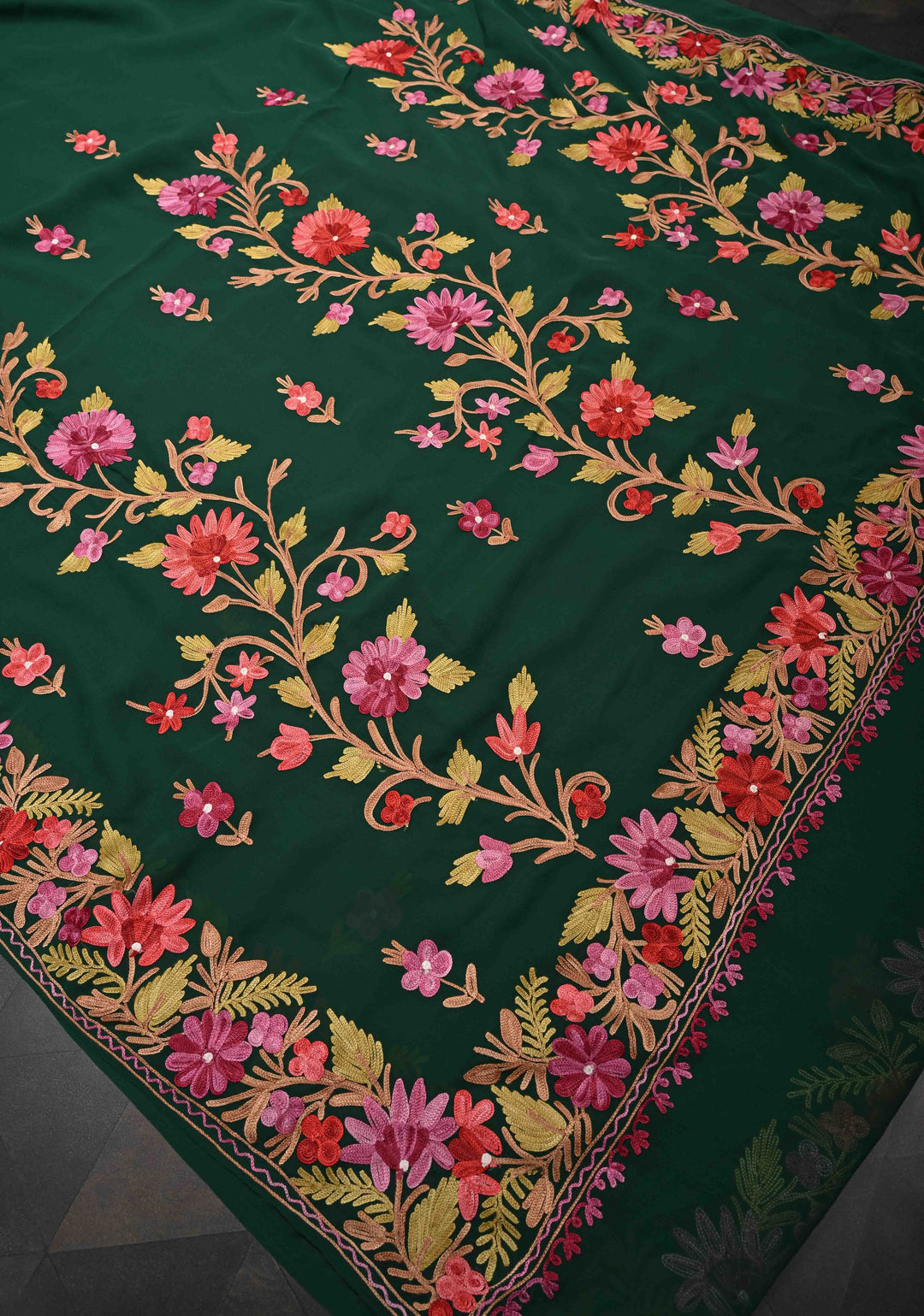 Bottle Green Kashmiri Aari Georgette Saree with Floral Embroidery