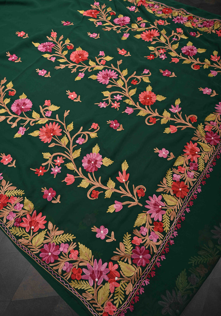 Bottle Green Kashmiri Aari Georgette Saree with Floral Embroidery