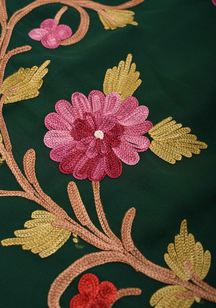 Bottle Green Kashmiri Aari Georgette Saree with Floral Embroidery