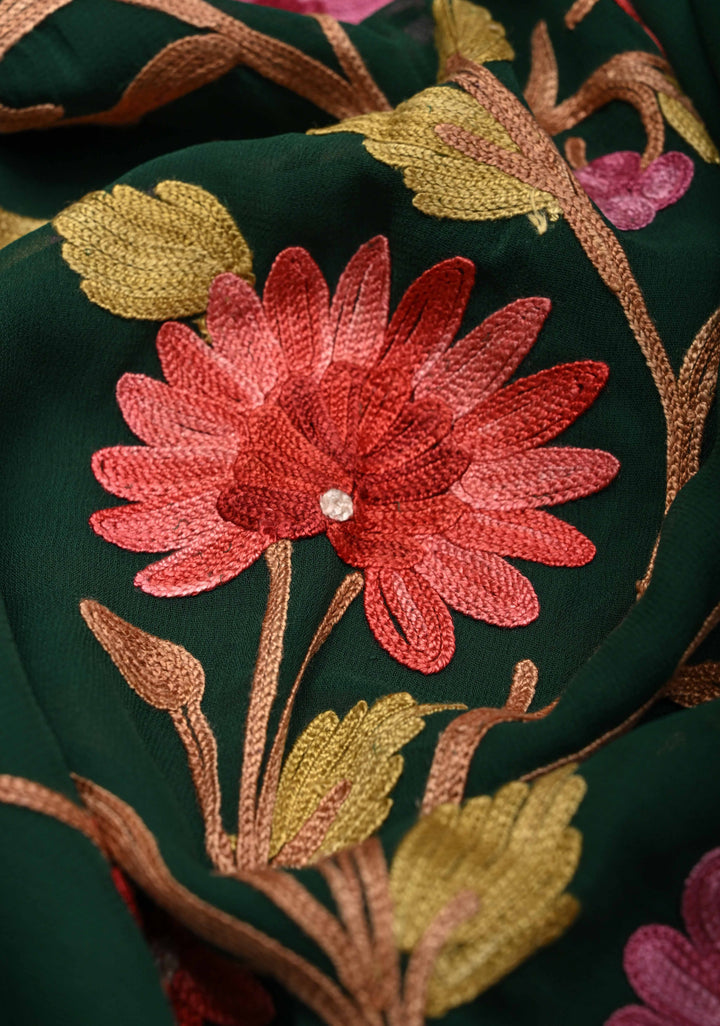 Bottle Green Kashmiri Aari Georgette Saree with Floral Embroidery