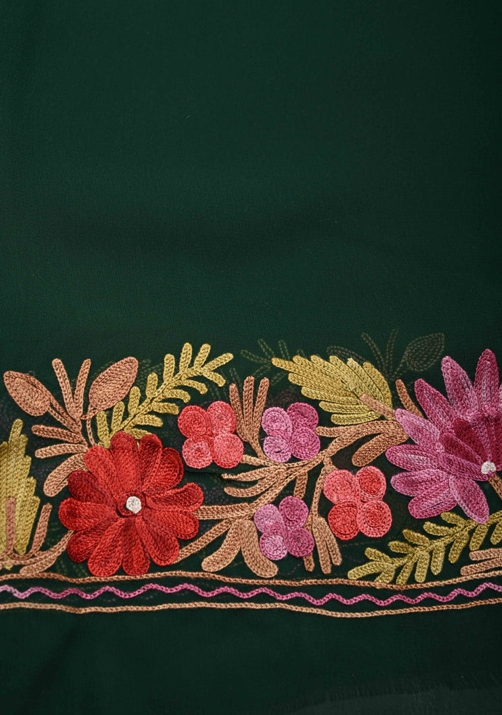Bottle Green Kashmiri Aari Georgette Saree with Floral Embroidery